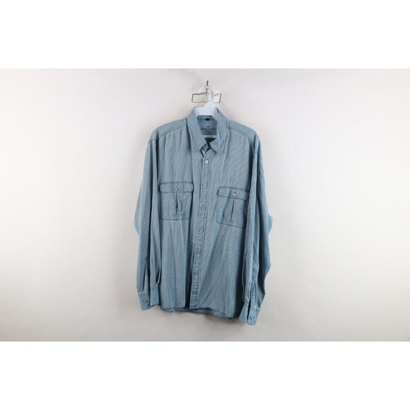Vintage Bugatchi Uomo Mens Medium Faded Silk Ribbed Collared Button Shirt Blue - Picture 1 of 15